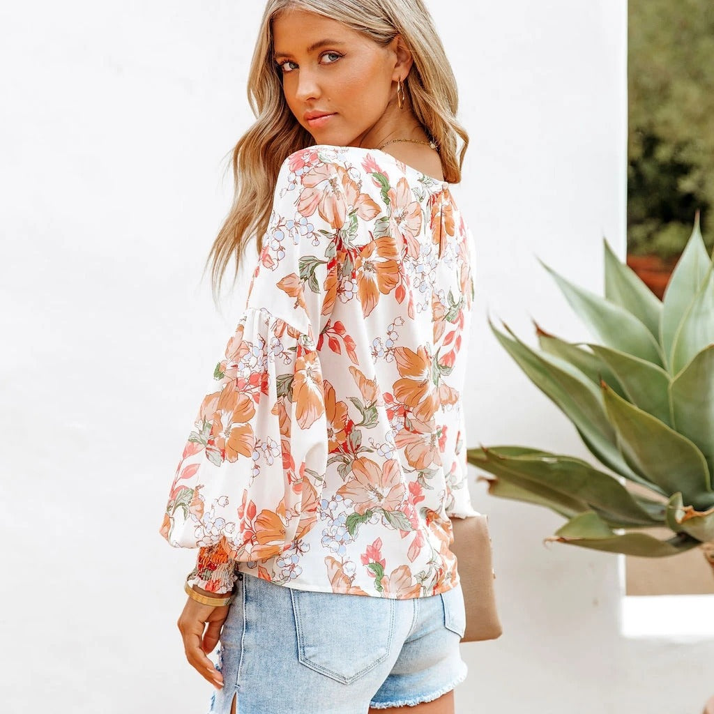 Dames Top Bloemenprint Pofmouwen Stijlvolle Blouse
