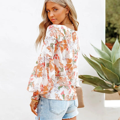 Dames Top Bloemenprint Pofmouwen Stijlvolle Blouse