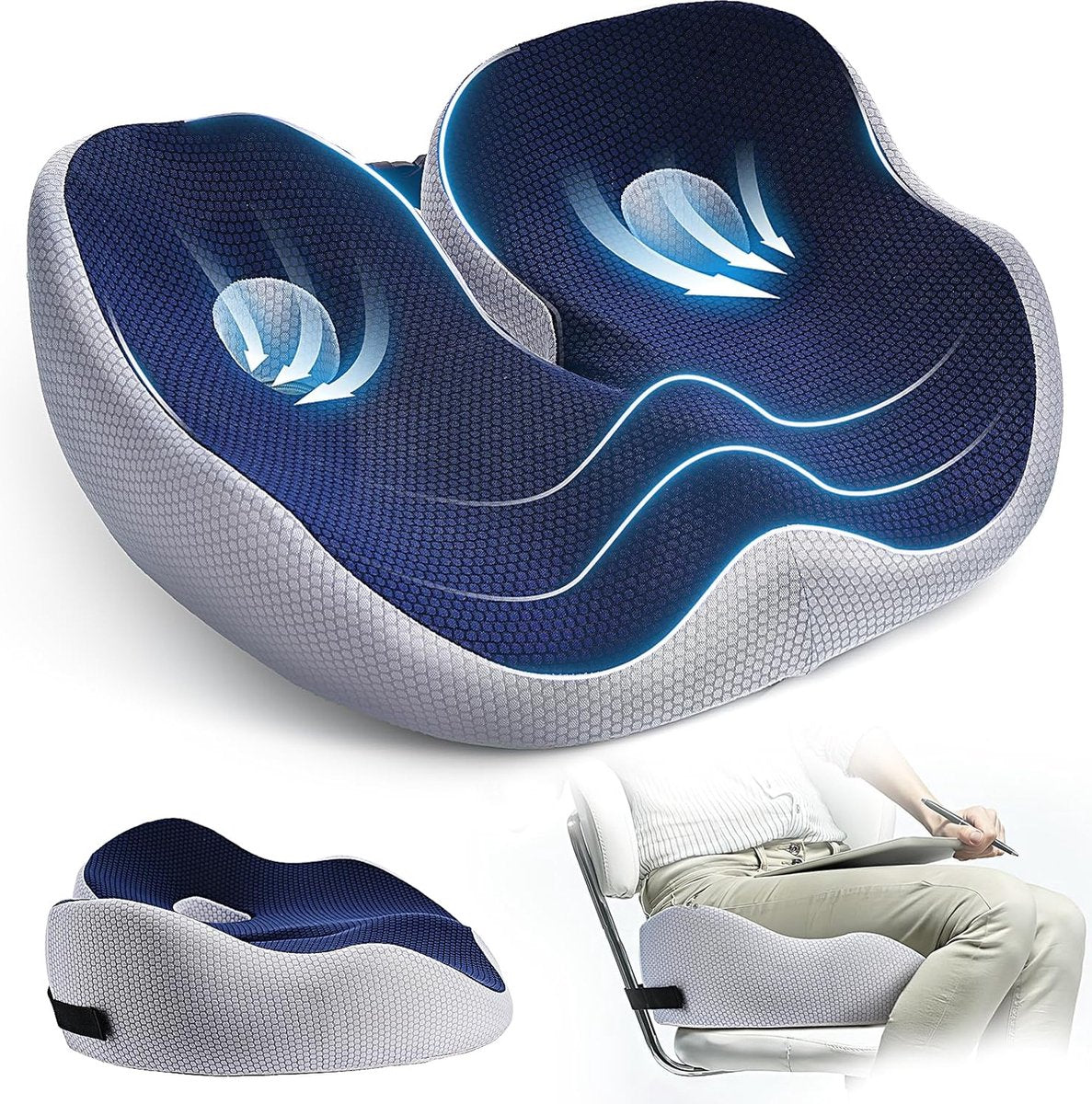 Ergonomisch Zitkussen met Geheugenschuim – Pijnverlichting Stuitbeen, Ischias & Bekken – Ademende Hoes
