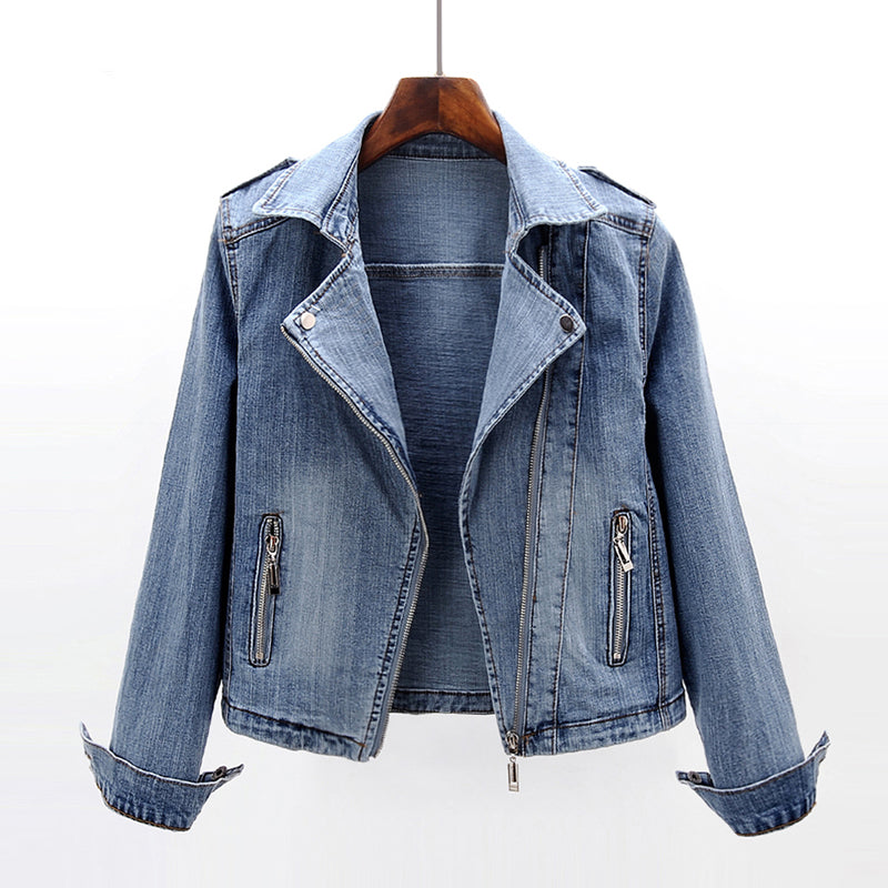 Dames Bikerjas Donkerblauw Denim Slimfit Model