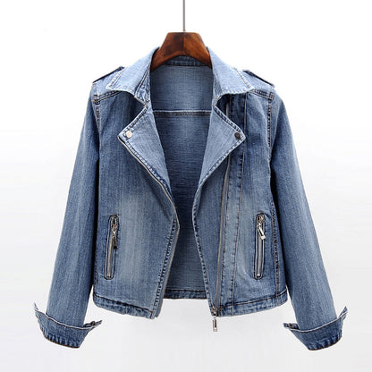 Dames Bikerjas Donkerblauw Denim Slimfit Model
