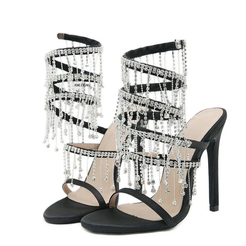 Glanzende Kristal Sandalen voor Vrouw met Kwastjes