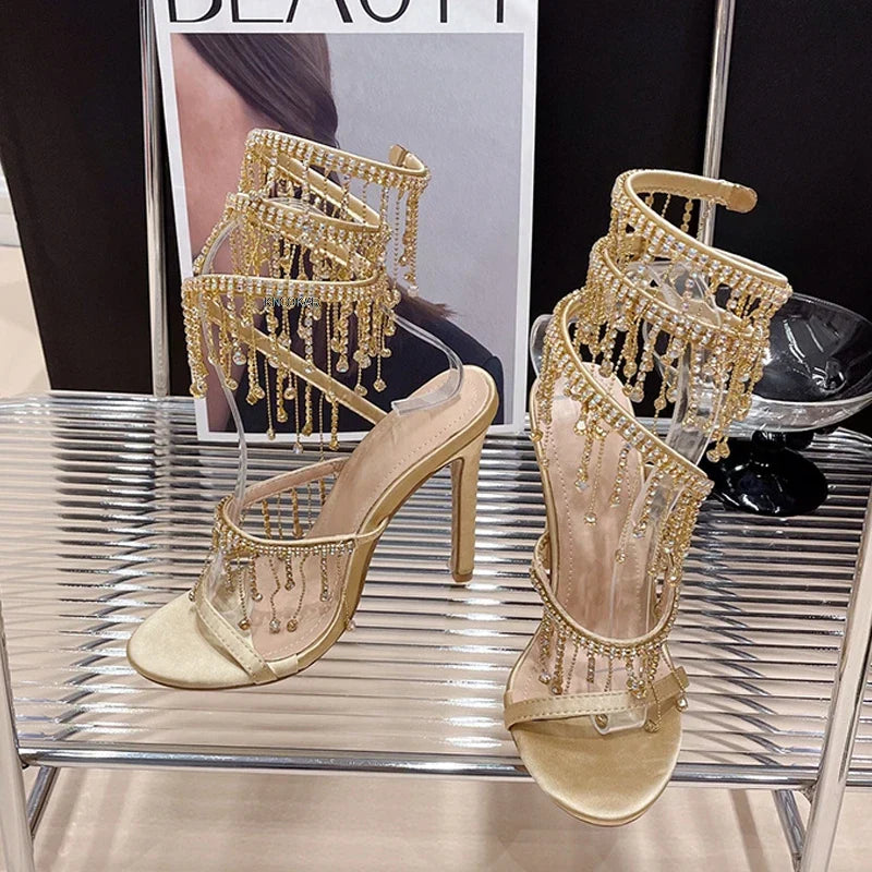 Glanzende Kristal Sandalen voor Vrouw met Kwastjes