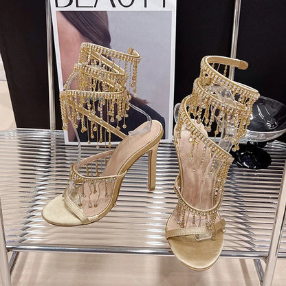 Glanzende Kristal Sandalen voor Vrouw met Kwastjes