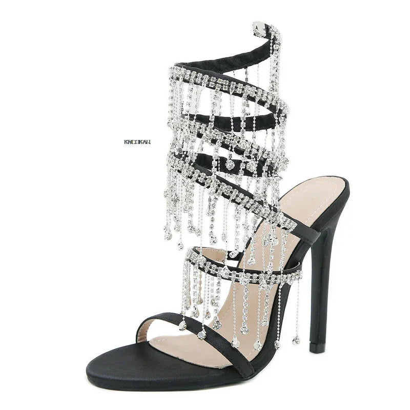Glanzende Kristal Sandalen voor Vrouw met Kwastjes