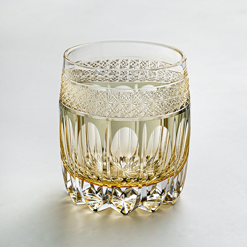 Handgeslepen Amber Whiskeyglas met Sterrenhemel Patroon en Houten Doos