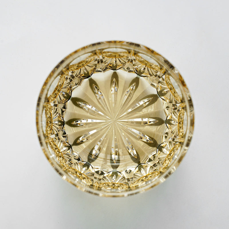 Handgeslepen Amber Whiskeyglas met Sterrenhemel Patroon en Houten Doos