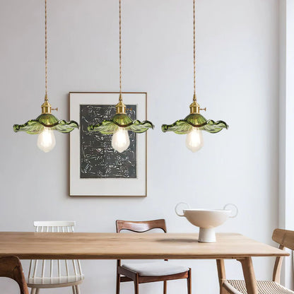 Hanglamp Glas E27 23cm Groen Messing Bloemvorm Eettafel Slaapkamer Retro Verlichting Vintage Hanglamp