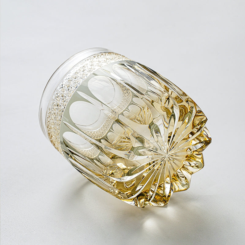 Handgeslepen Amber Whiskeyglas met Sterrenhemel Patroon en Houten Doos