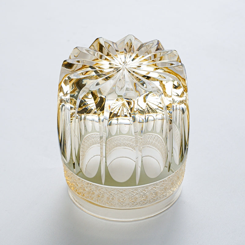 Handgeslepen Amber Whiskeyglas met Sterrenhemel Patroon en Houten Doos