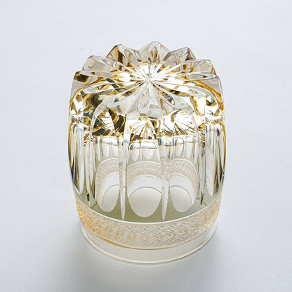 Handgeslepen Amber Whiskeyglas met Sterrenhemel Patroon en Houten Doos