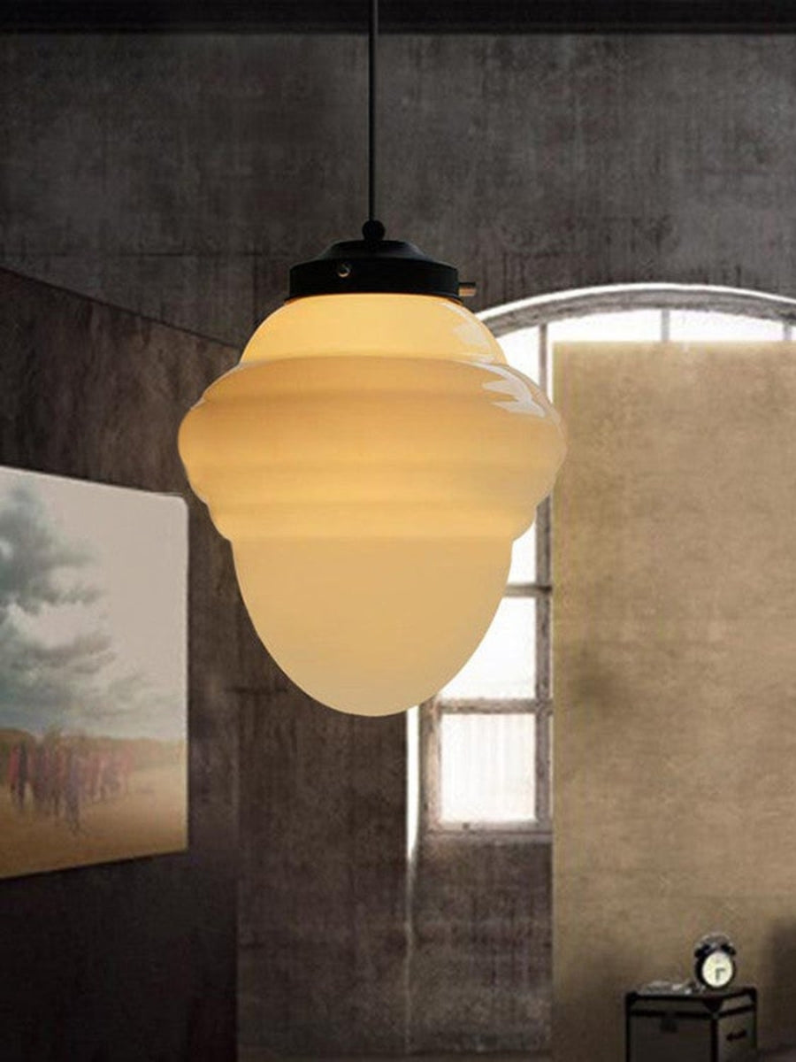 Vintage Art Deco Melkglas Hanglamp met Gestreepte Kap voor Eetkamer en Woonruimte