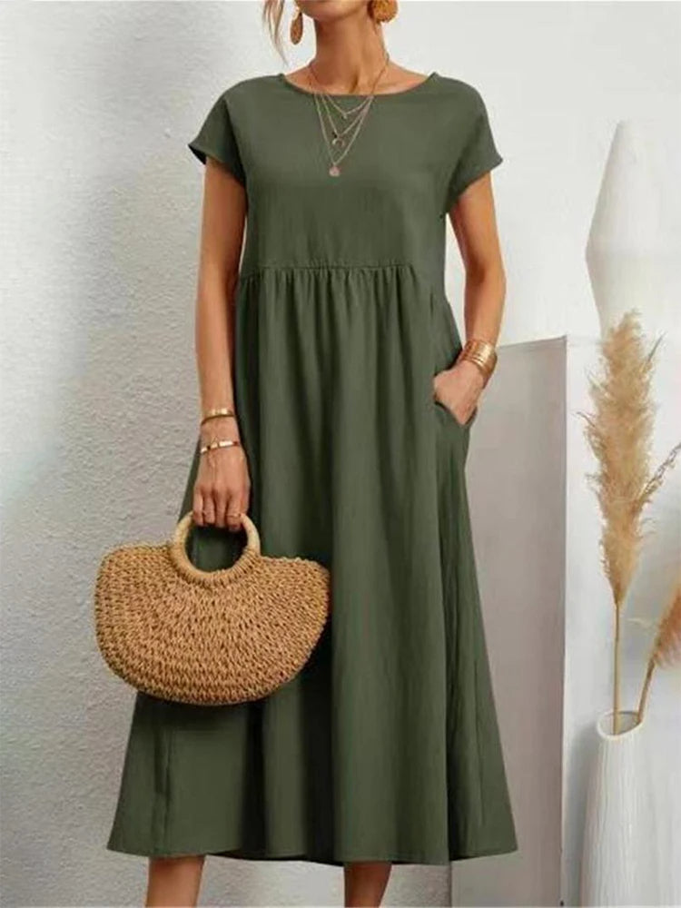 Zwarte Linnen Jurk Elegante O-Hals Vrouwelijk Design - StudioMarella