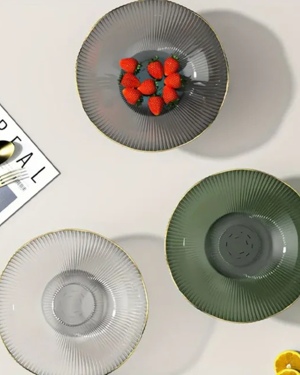 Fruitschaal op Voet met Goudrand Geribbeld Keramiek Transparant Groen Grijs voor Tafelcenterpiece Interieur