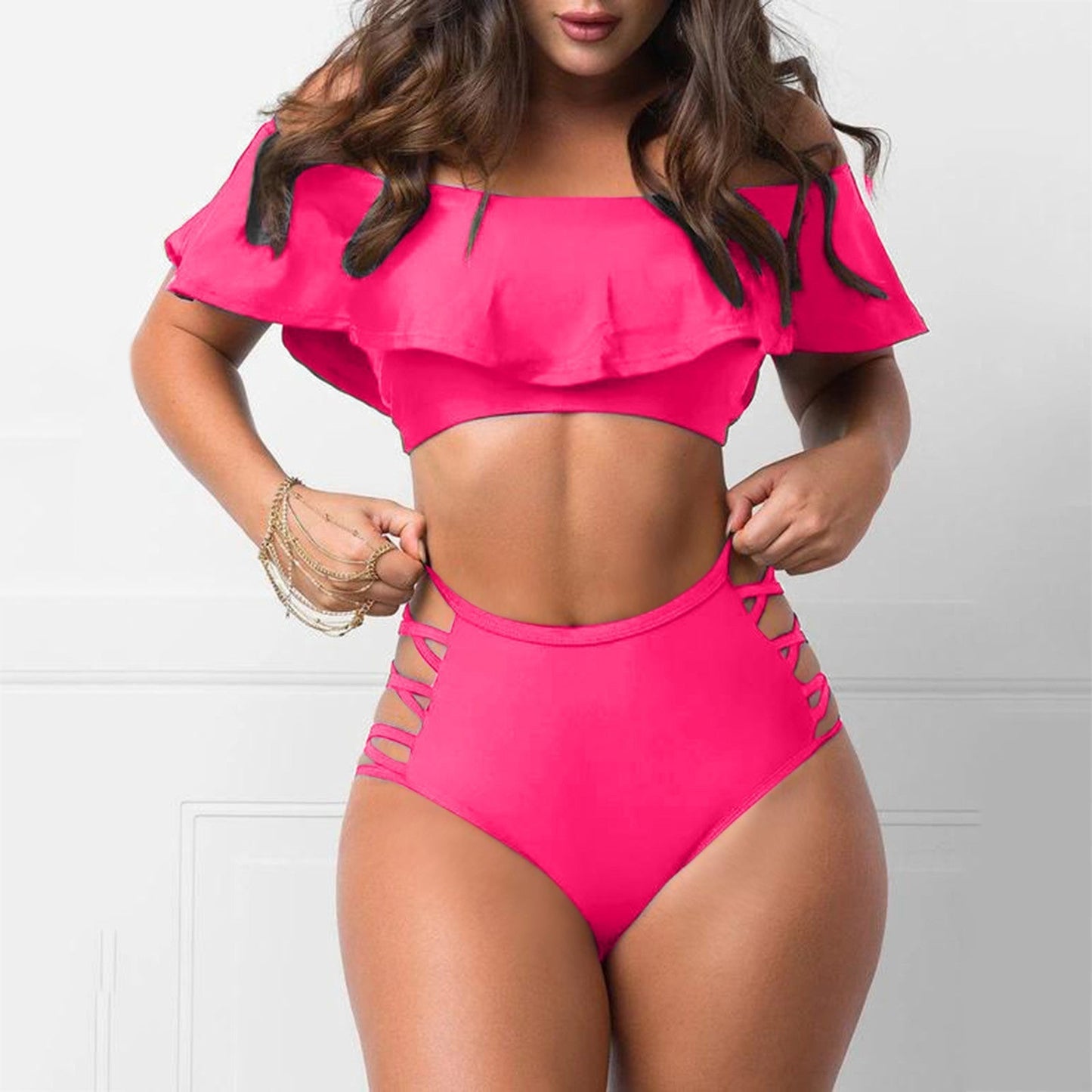 Vrouwelijke Bikini Off-Shoulder met Ruches Zomerbadmode