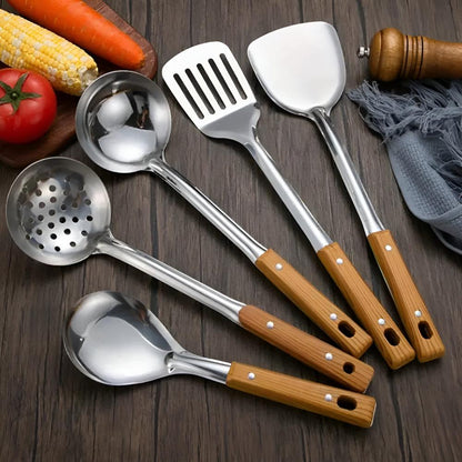 Keukengerei Set 5-delig Roestvrij Staal Houten Handvat Hittebestendig
