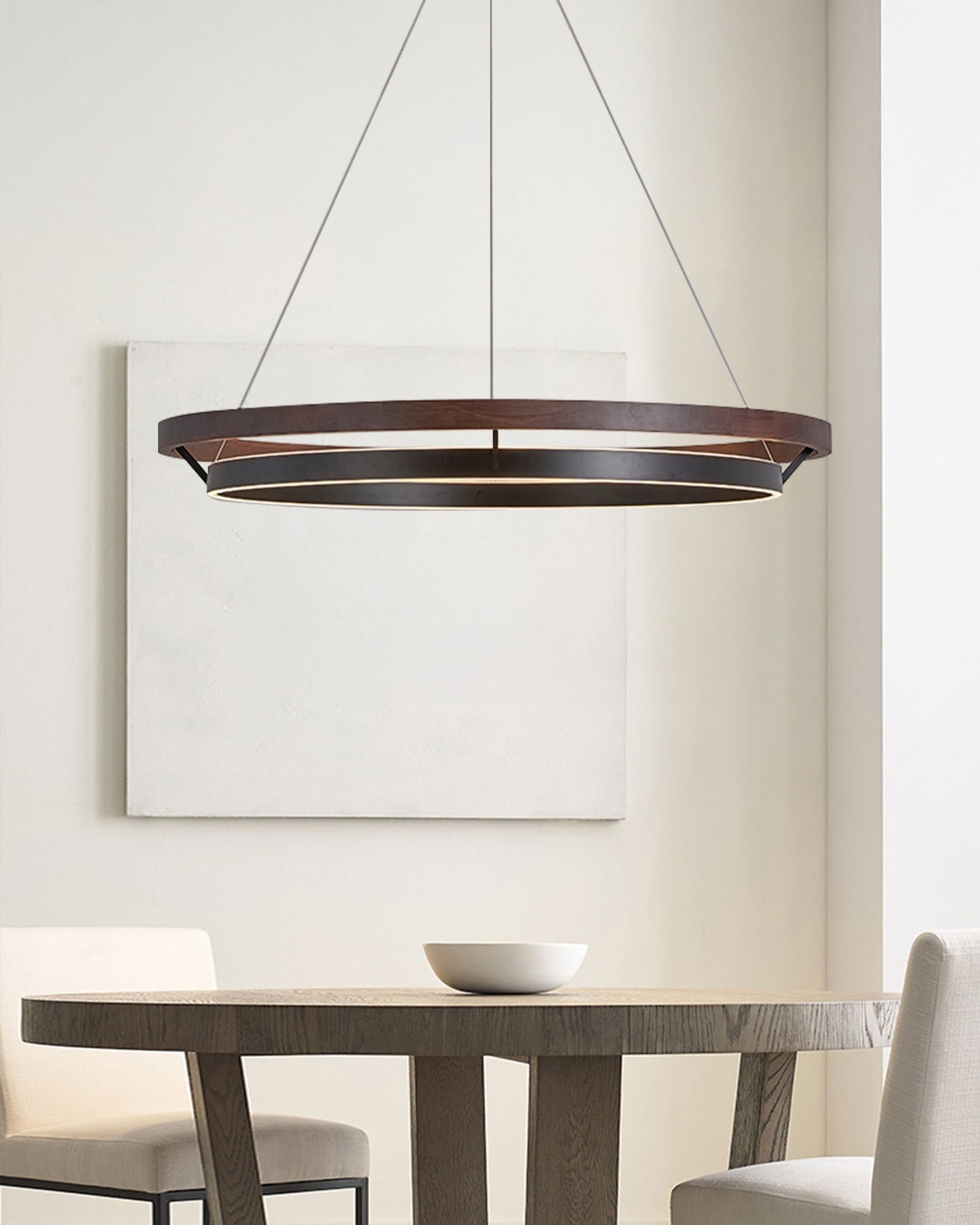 Houten Ringkroonluchter LED Ingebouwd Warm Wit Dimbaar Eetkamer Woonkamer Plafondlamp Modern Farmhouse
