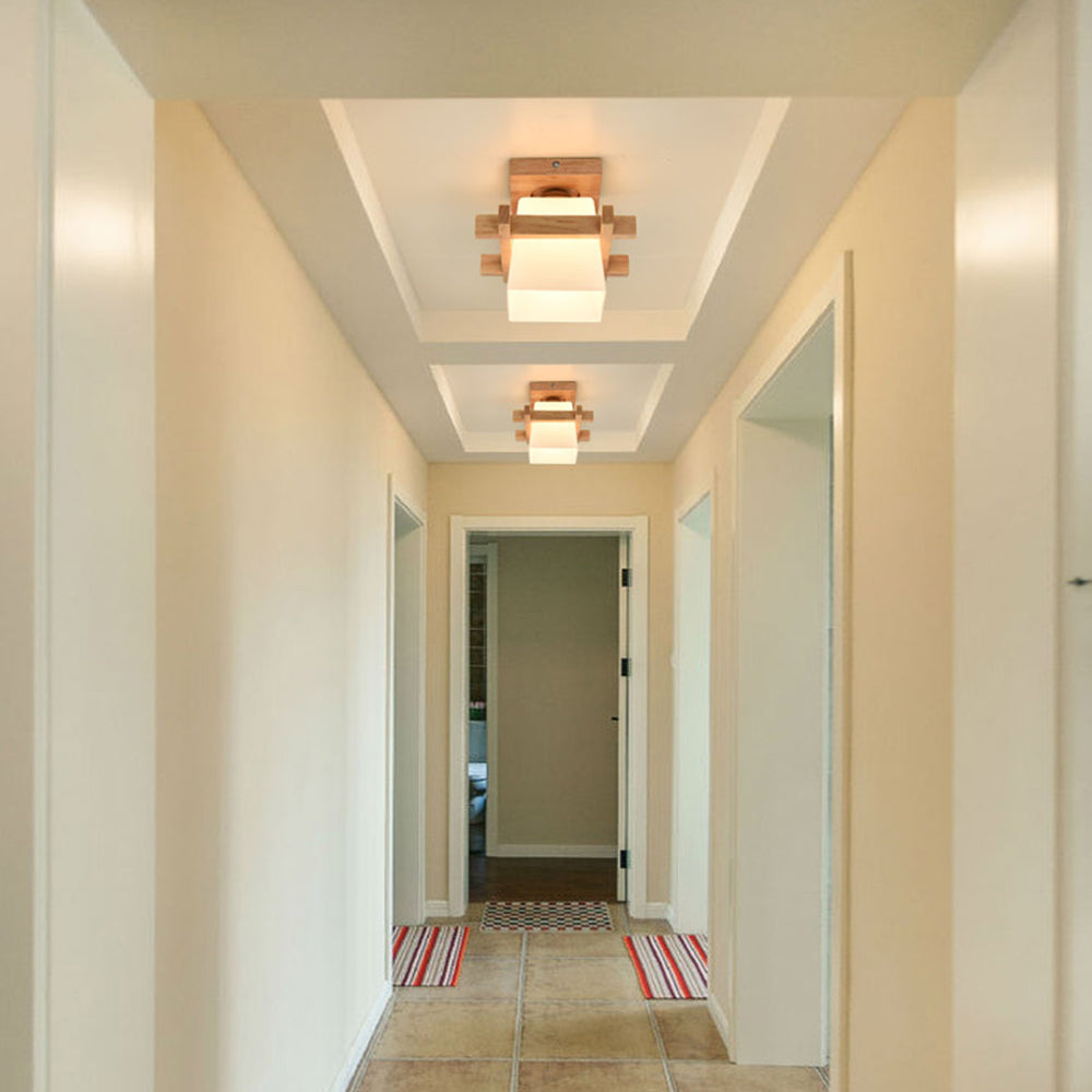 LED plafondlamp hout E27 wit Japandi hal slaapkamer woonkamer 20 cm vierkante plafondlamp Japanse stijl