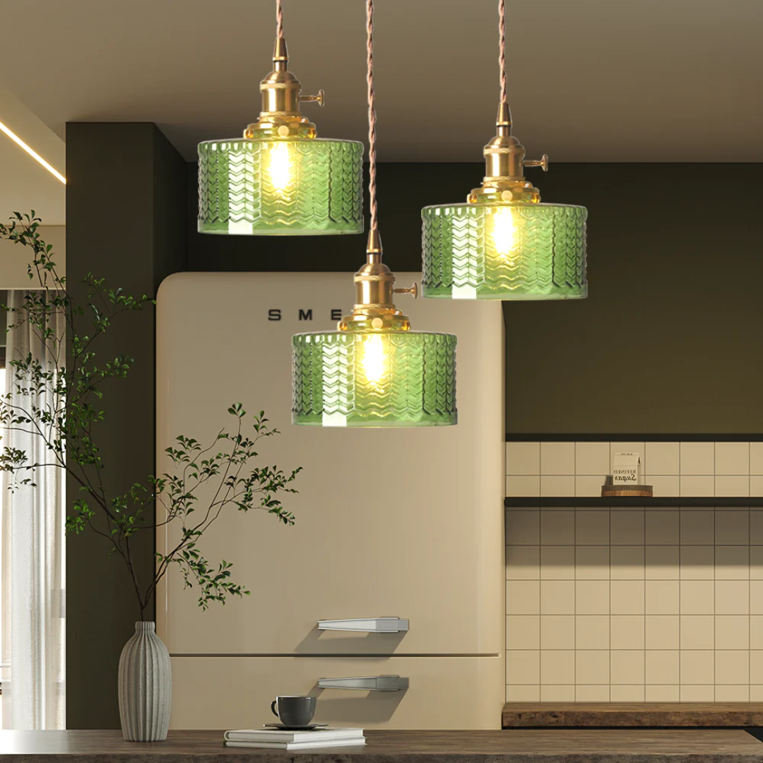 Quilivon Hanglamp Glas Messing Groen E27 Keuken Eettafel Retro Verlichting Geribbeld Glas Design