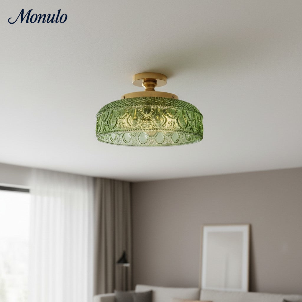 Geribbelde Glazen Plafondlamp met Metalen Armatuur – Minimalistische Verlichting voor Slaapkamer en Gang