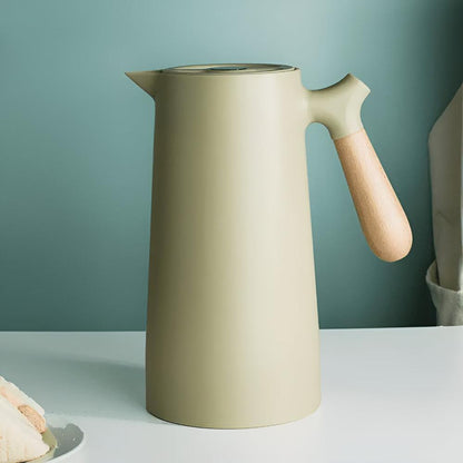 Thermoskan 1L RVS Houten Handvat Beige Keuken Koffie Thee Geïsoleerde Karaf Dubbelwandig Lekvrij Design Karaf Scandinavisch