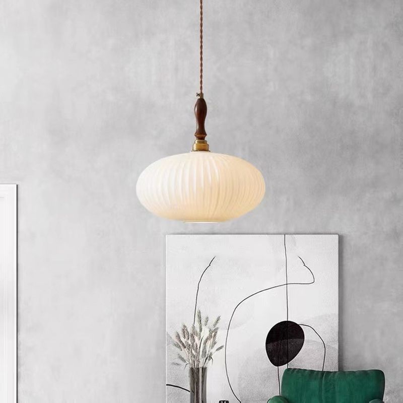 Hanglamp Glas Melkwit Koepelvorm Walnoot Hout 25cm Modern Klassiek Design Eetkamer Keuken Woonkamer Café