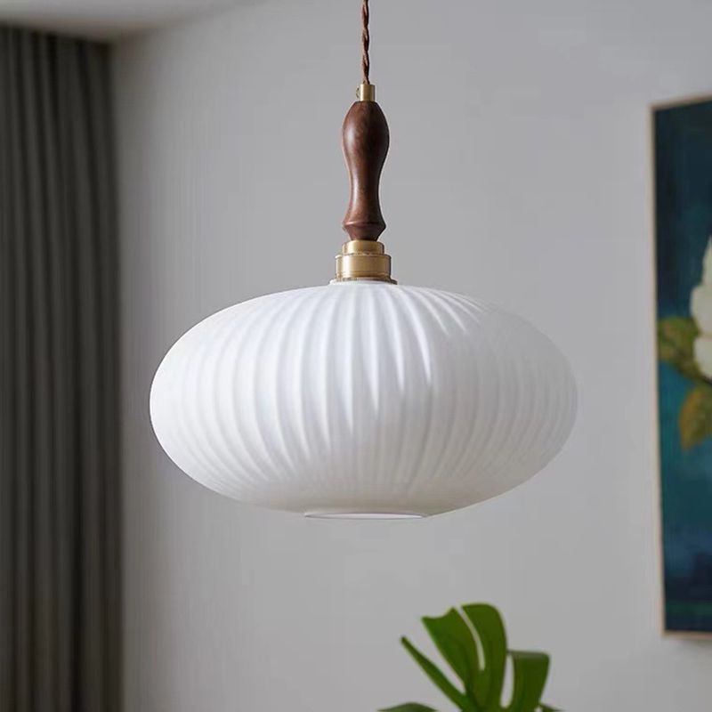 Hanglamp Glas Melkwit Koepelvorm Walnoot Hout 25cm Modern Klassiek Design Eetkamer Keuken Woonkamer Café