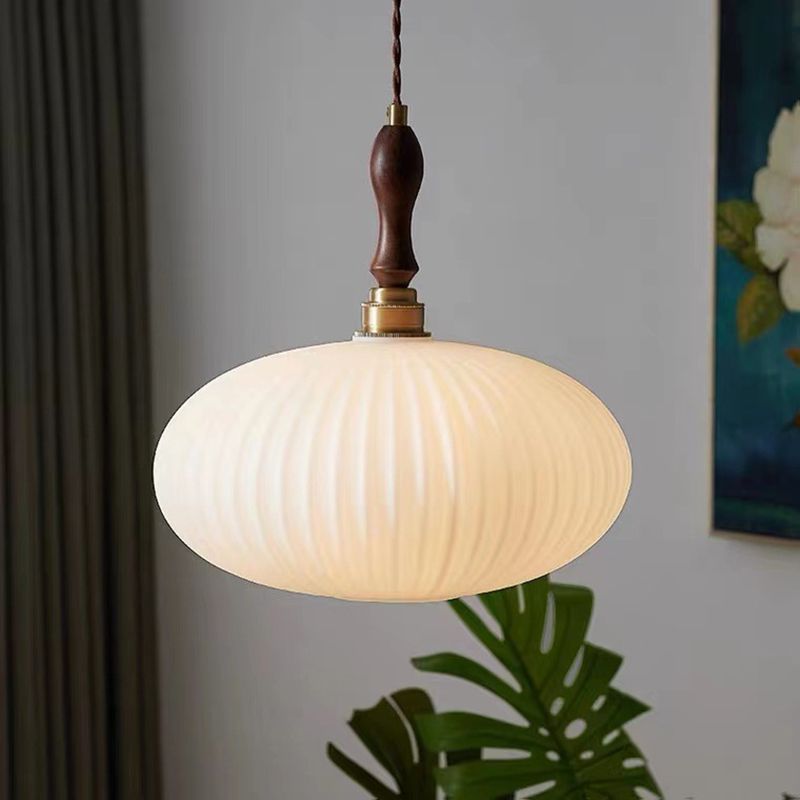 Hanglamp Glas Melkwit Koepelvorm Walnoot Hout 25cm Modern Klassiek Design Eetkamer Keuken Woonkamer Café