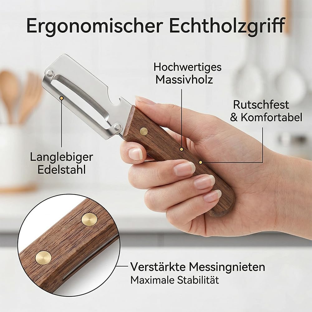 3-in-1 Keukenmessenset 5-delig Multifunctioneel Keukengereedschap met Houten Handvat Schillen Snijden Openen RVS Messen Professioneel