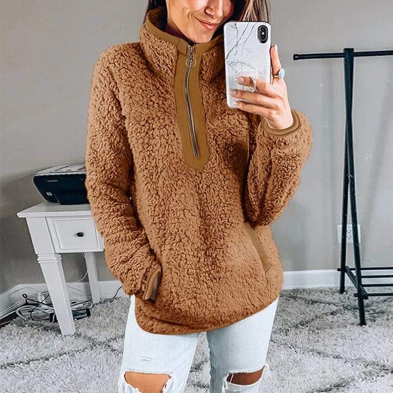 Dames Fleece Trui Zwart met Rits en Hoge Kraag Teddy Look - StudioMarella