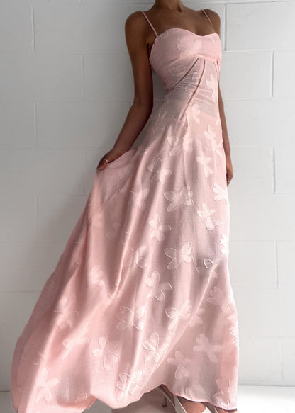 Roze Maxi Jurk met Corset Sluiting en Jacquard Patronen