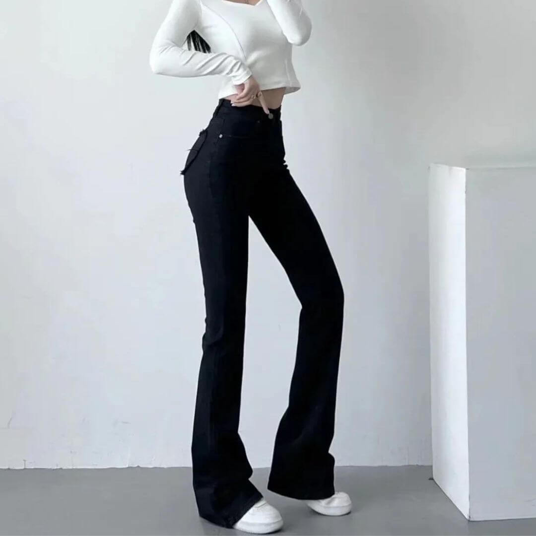 Dames Hoge Taille Flared Jeans met Franjes
