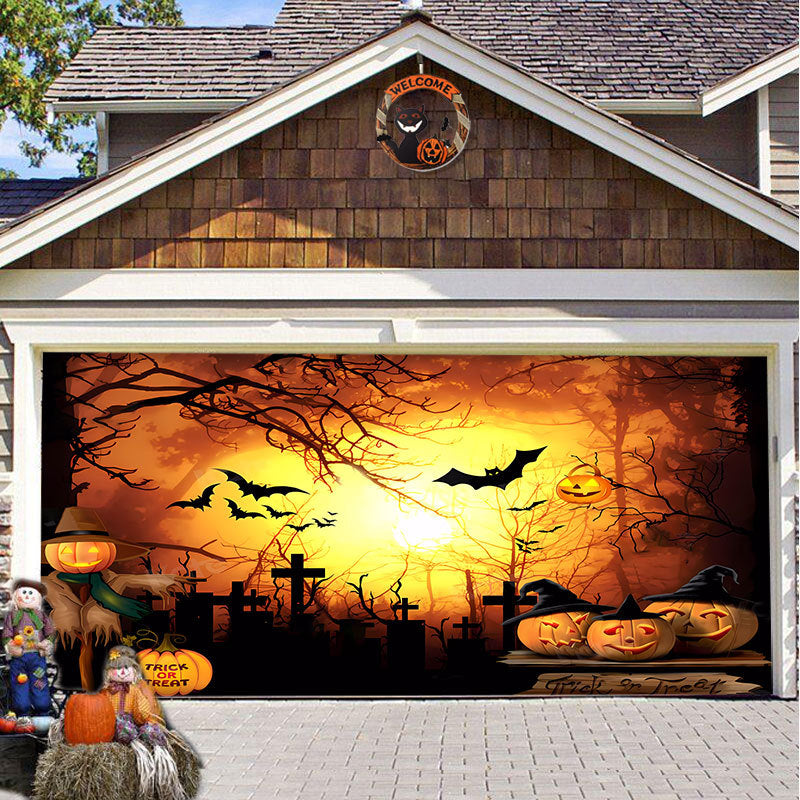 Halloween Garagedeur Decoratie Spookachtige Bedrukking Schaduwdoek Herbruikbaar Horror Sfeer Doek Waterdicht Buiten Feestversiering