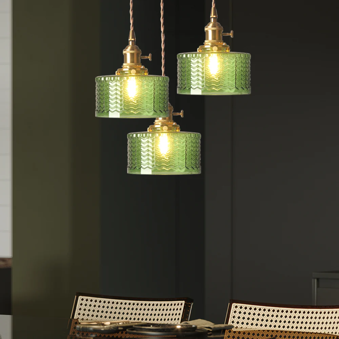Quilivon Hanglamp Glas Messing Groen E27 Keuken Eettafel Retro Verlichting Geribbeld Glas Design