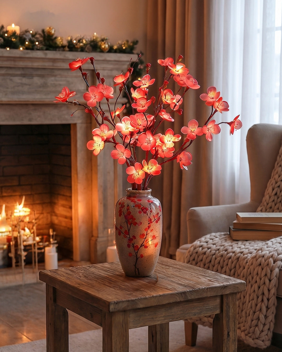 Decoratieve LED Verlichtingstak met Natuurlijke Bloesemvorm 70cm – Flexibele Sfeerverlichting voor Vazen en Schoorsteenmantels