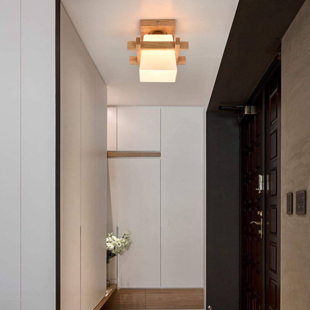 LED plafondlamp hout E27 wit Japandi hal slaapkamer woonkamer 20 cm vierkante plafondlamp Japanse stijl