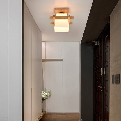 LED plafondlamp hout E27 wit Japandi hal slaapkamer woonkamer 20 cm vierkante plafondlamp Japanse stijl