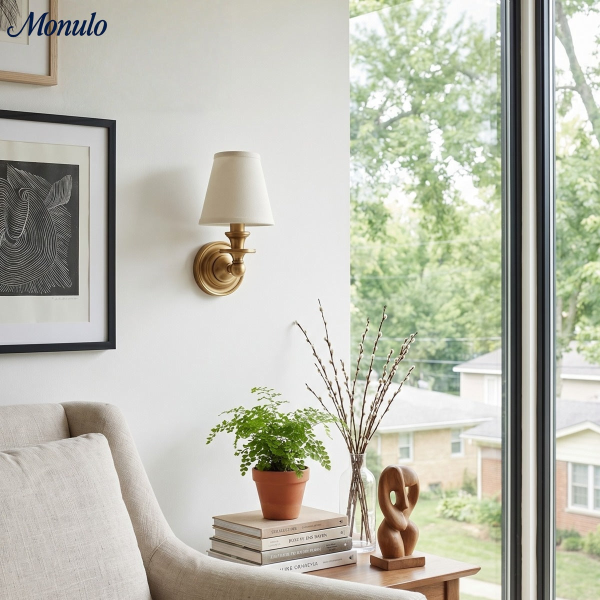 Wandlamp met stoffen kap en zwanenhalsarm – smeedijzeren armatuur met verstelbare leeslamp