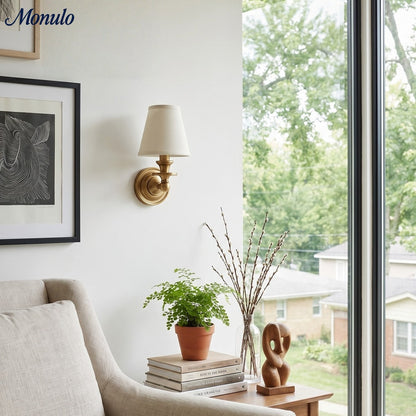 Wandlamp met stoffen kap en zwanenhalsarm – smeedijzeren armatuur met verstelbare leeslamp