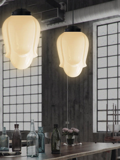 Vintage Art Deco Melkglas Hanglamp met Gestreepte Kap voor Eetkamer en Woonruimte