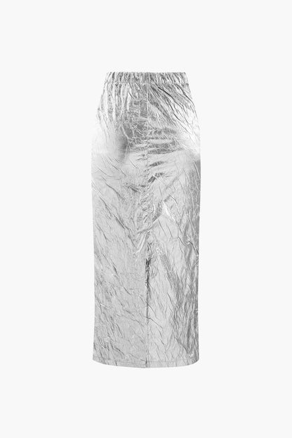 Metalen Midirok Elastische Taille met Crinkle Effect