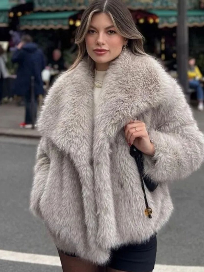 Dames Winterjas Pluche Kort Model met Turn-Down Kraag