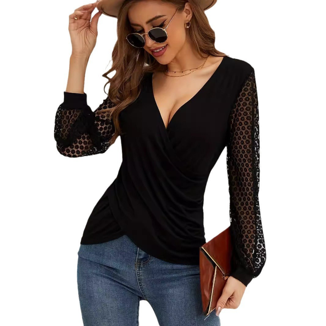 Dames Top Zwart met V-hals en Kanten Details
