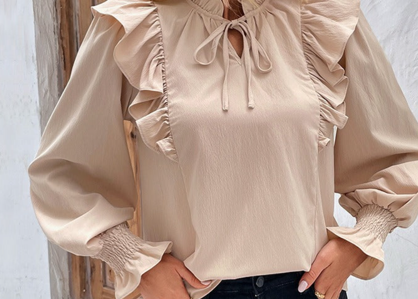 Dames Blouse Beige Ruches Romantische Stijl