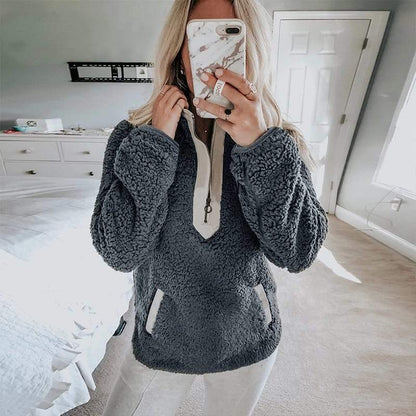 Dames Fleece Trui Zwart met Rits en Hoge Kraag Teddy Look
