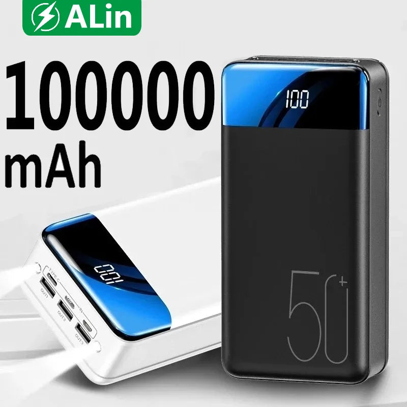Powerbank 100000mAh Snelladen USB-A USB-C Compact Reizen Camping Noodstroom Zwart