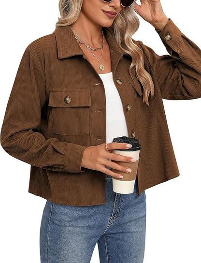 Dames Corduroy Jas Kort Bruin Trendy Model