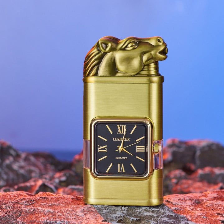 Decoratieve Aansteker met Ingebouwde Klok – Verstelbare Vlam en Luxe Motiefkeuze