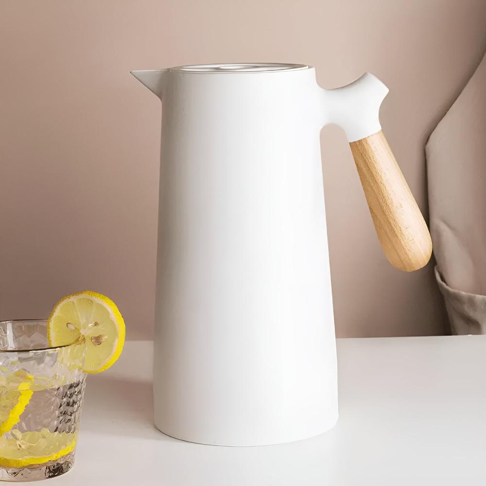 Thermoskan 1L RVS Houten Handvat Beige Keuken Koffie Thee Geïsoleerde Karaf Dubbelwandig Lekvrij Design Karaf Scandinavisch