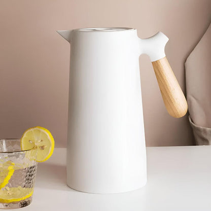 Thermoskan 1L RVS Houten Handvat Beige Keuken Koffie Thee Geïsoleerde Karaf Dubbelwandig Lekvrij Design Karaf Scandinavisch